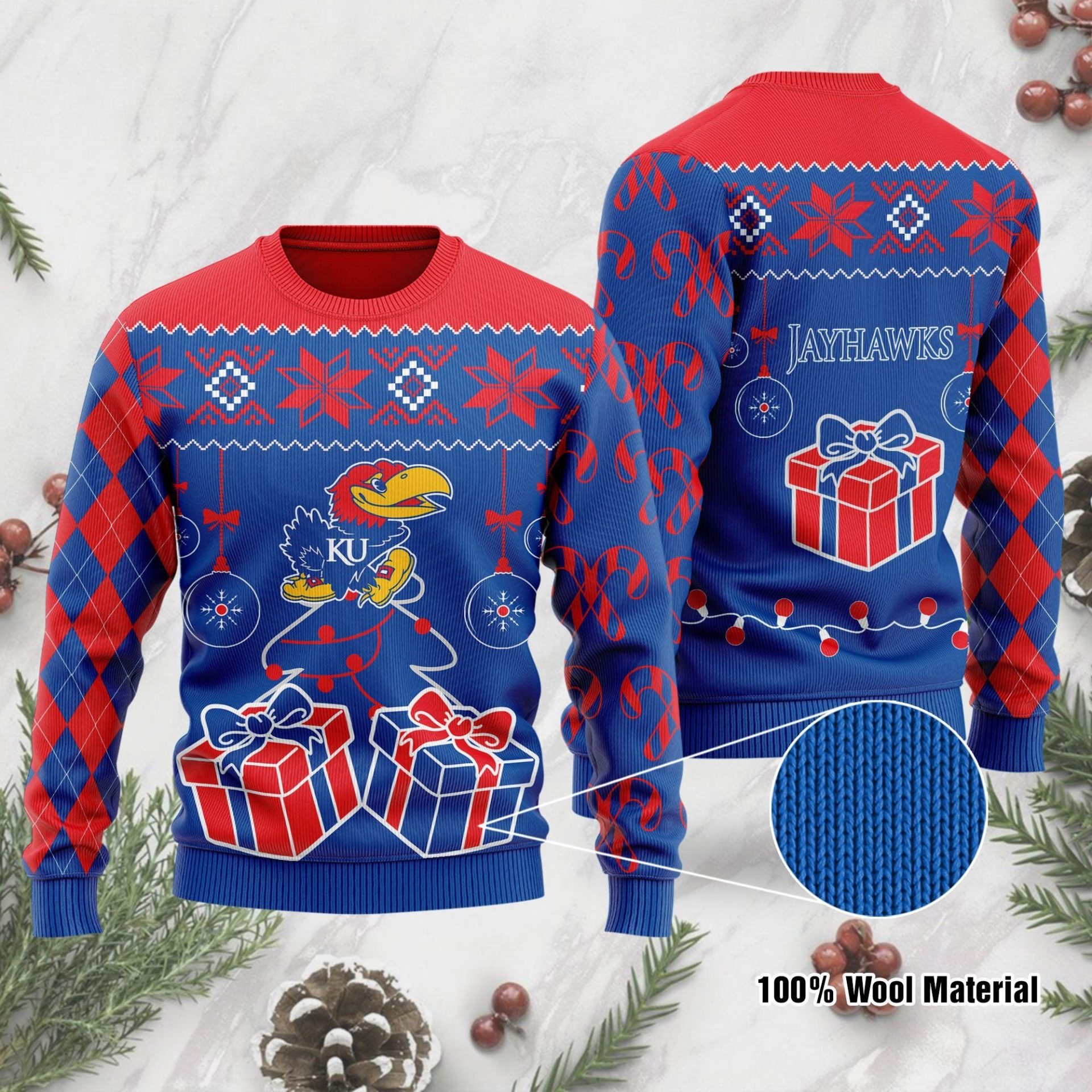 NCAA Kansas Jayhawks Blue Red Ugly Christmas Sweater