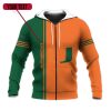 NCAA Miami Hurricanes Custom Text Number Orange Green Zip Up Hoodie V5