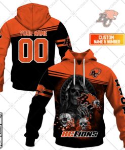 CFL BC Lions Custom Name Number Skull Death Pullover Hoodie
