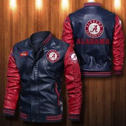 NCAA Alabama Crimson Tide Navy Red Leather Bomber Jacket
