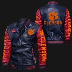 NCAA Clemson Tigers Navy Red Leather Bomber Jacket