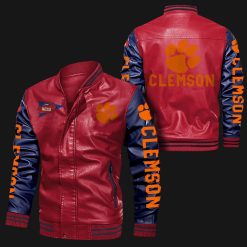 NCAA Clemson Tigers Red Navy Leather Bomber Jacket