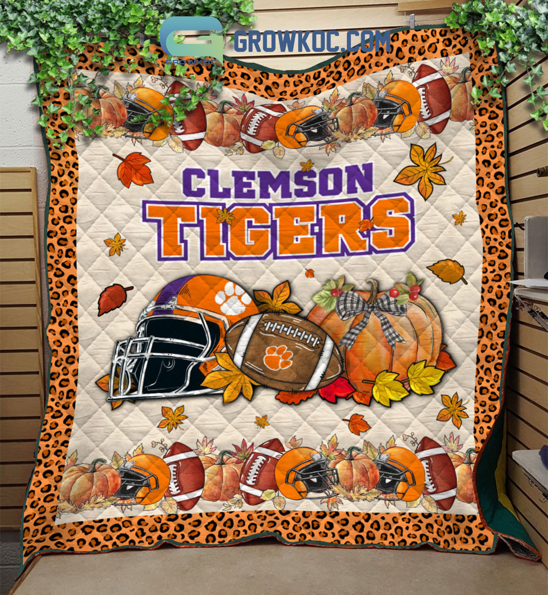 NCAA Clemson Tigers Welcome Fall Pumpkin Quilt Blanket - Image 3
