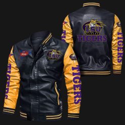 NCAA LSU Tigers Black Yellow Leather Bomber Jacket