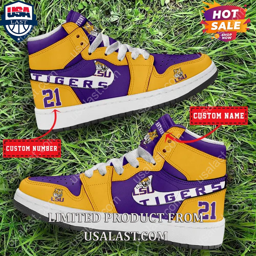 NCAA LSU Tigers Custom Name Number Purple Yellow Air Jordan 1 High Sneakers