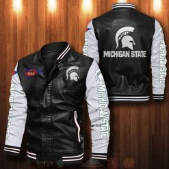 NCAA Michigan State Spartans Black White Leather Bomber Jacket