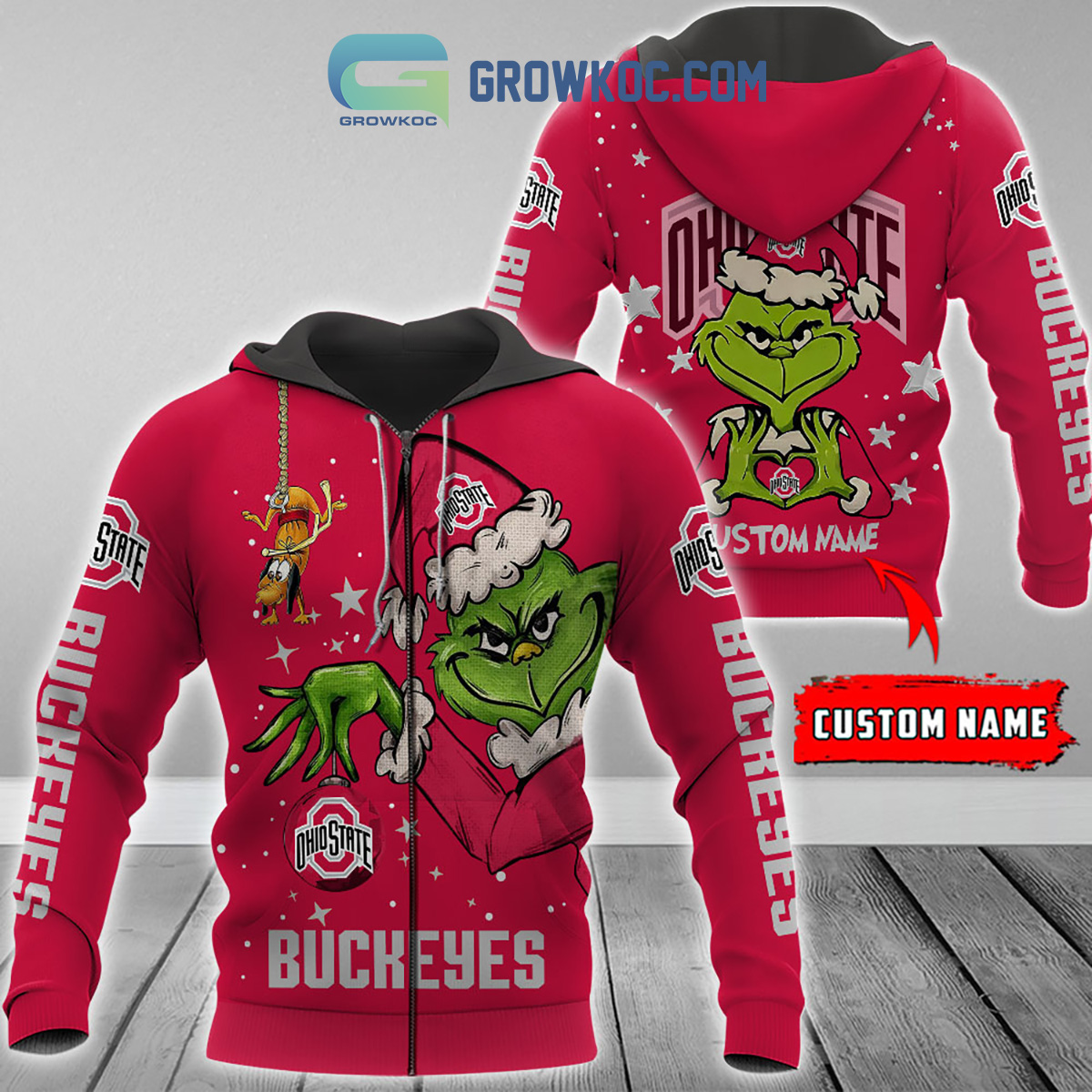 NCAA Ohio State Buckeyes Custom Name Grinch Christmas Zip Up Hoodie