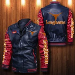 NCAA Texas Longhorns Navy Red Leather Bomber Jacket