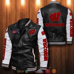 NCAA Wisconsin Badgers Black White Leather Bomber Jacket
