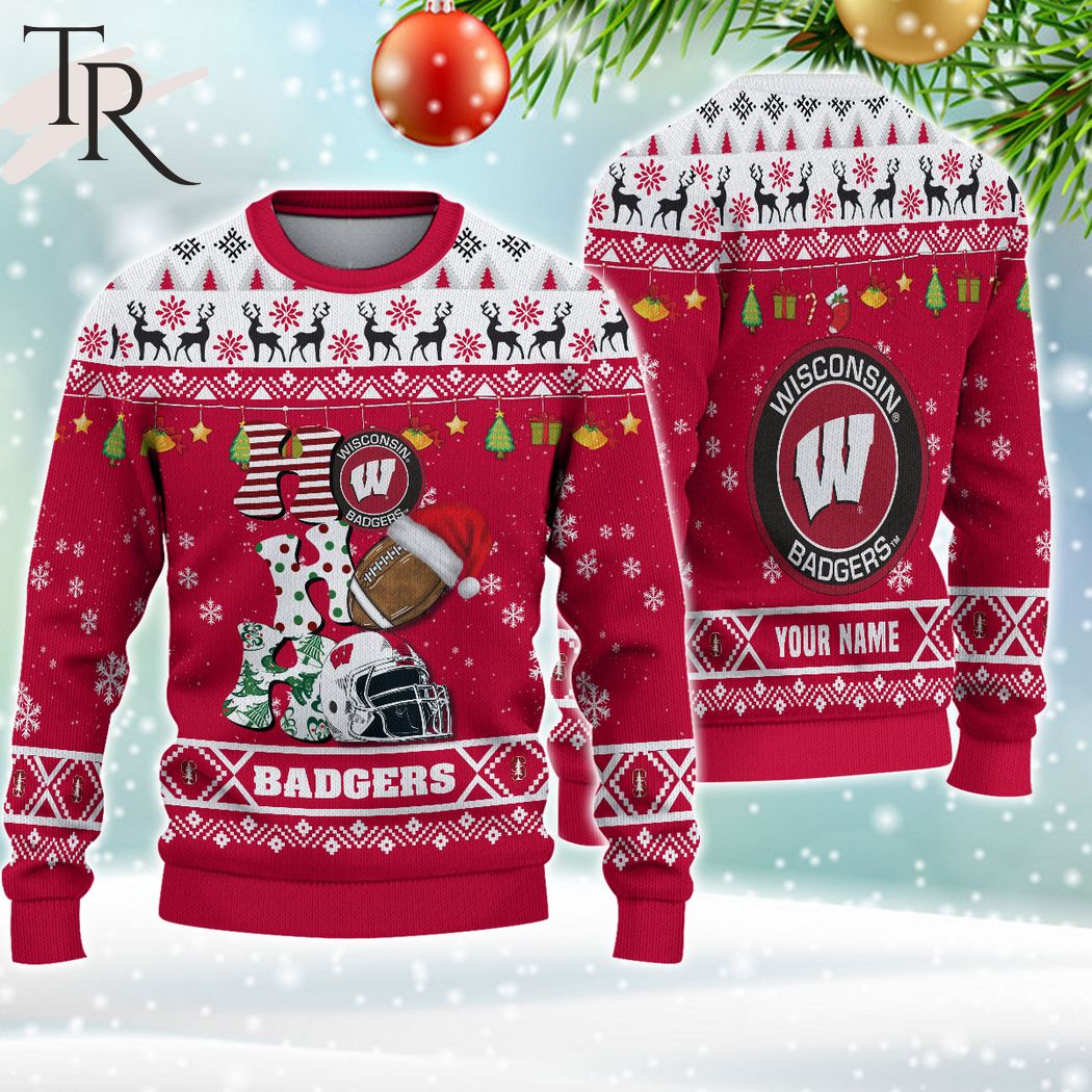 NCAA Wisconsin Badgers Custom Name HO HO HO Ugly Christmas Sweater
