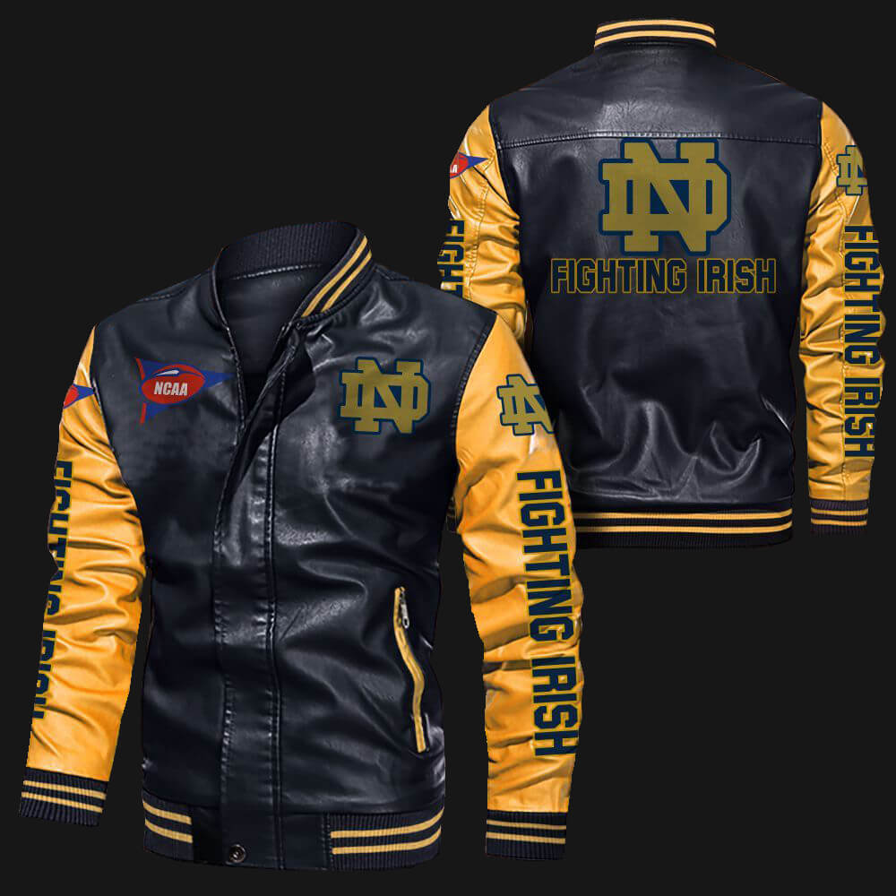 NCAA Notre Dame Fighting Irish Black Yellow Leather Bomber Jacket