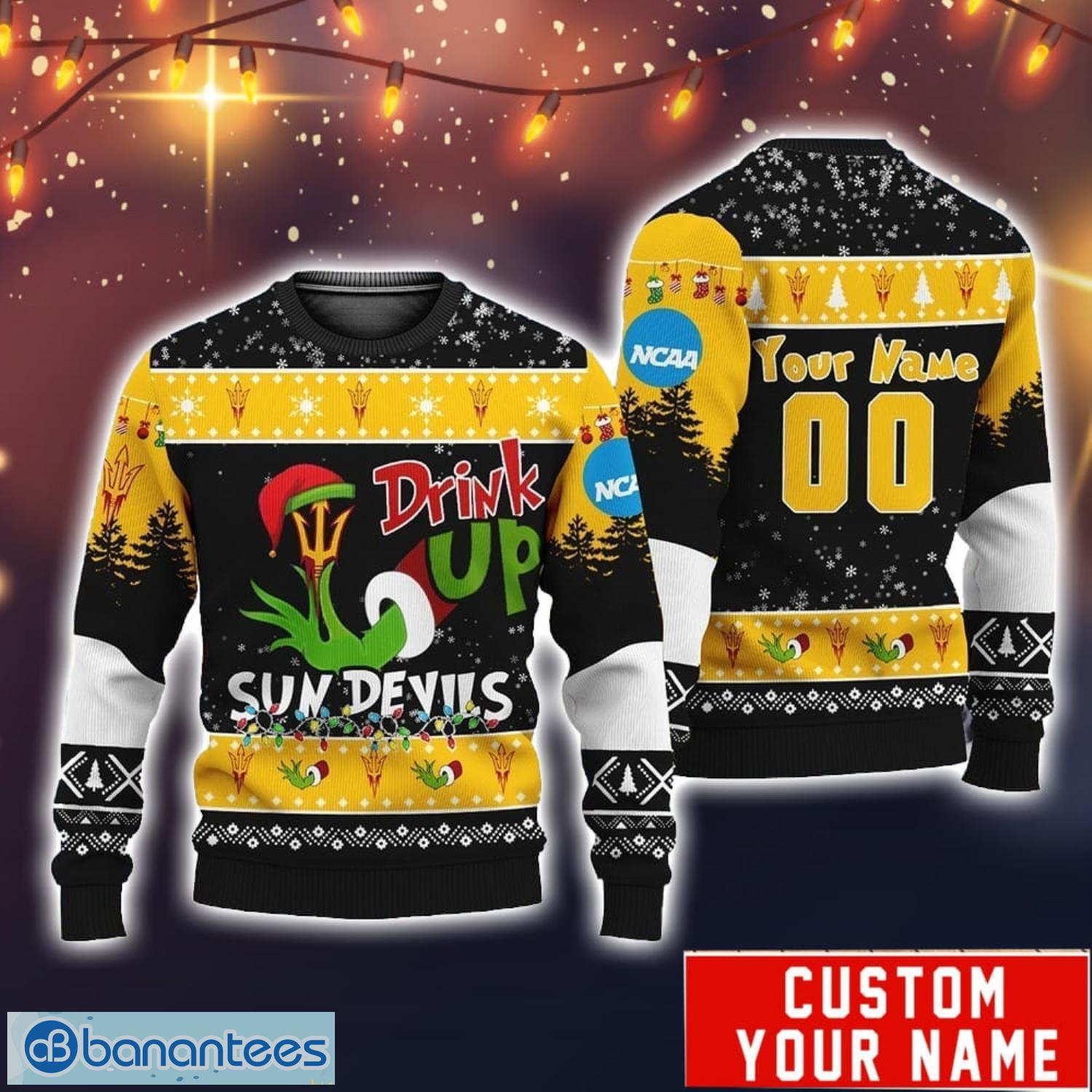 NCAA Arizona State Sun Devils Custom Name Number Grinch Drink Up Sweater