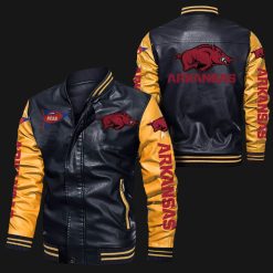 NCAA Arkansas Razorbacks Black Yellow Leather Bomber Jacket