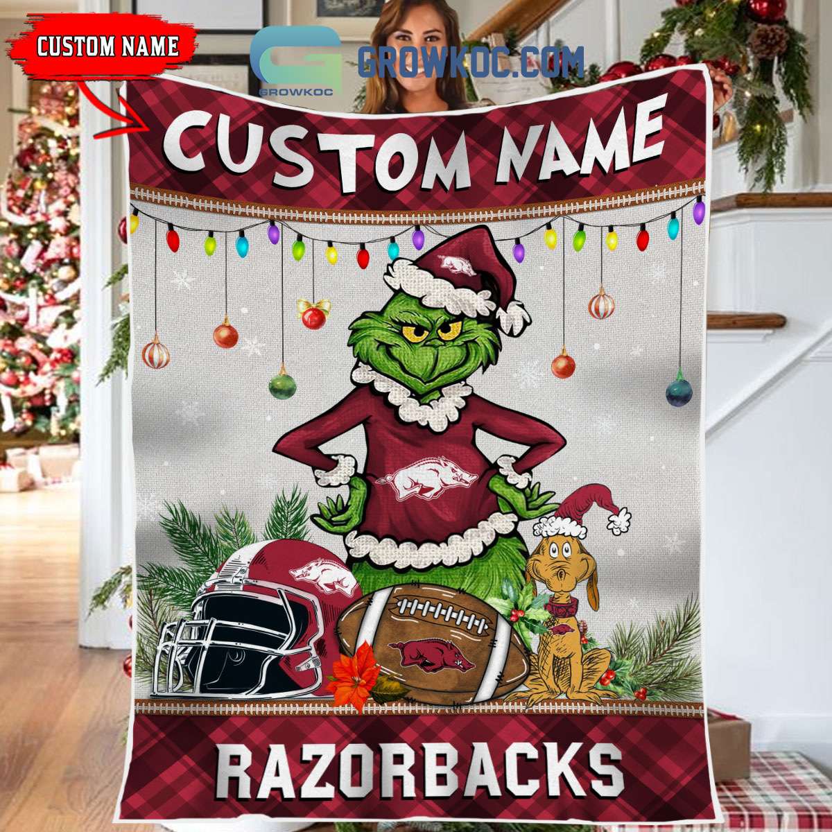 NCAA Arkansas Razorbacks Custom Name Grinch Christmas Fleece Blanket