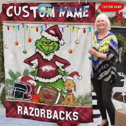 Alternative view of NCAA Arkansas Razorbacks Custom Name Grinch Christmas Fleece Blanket