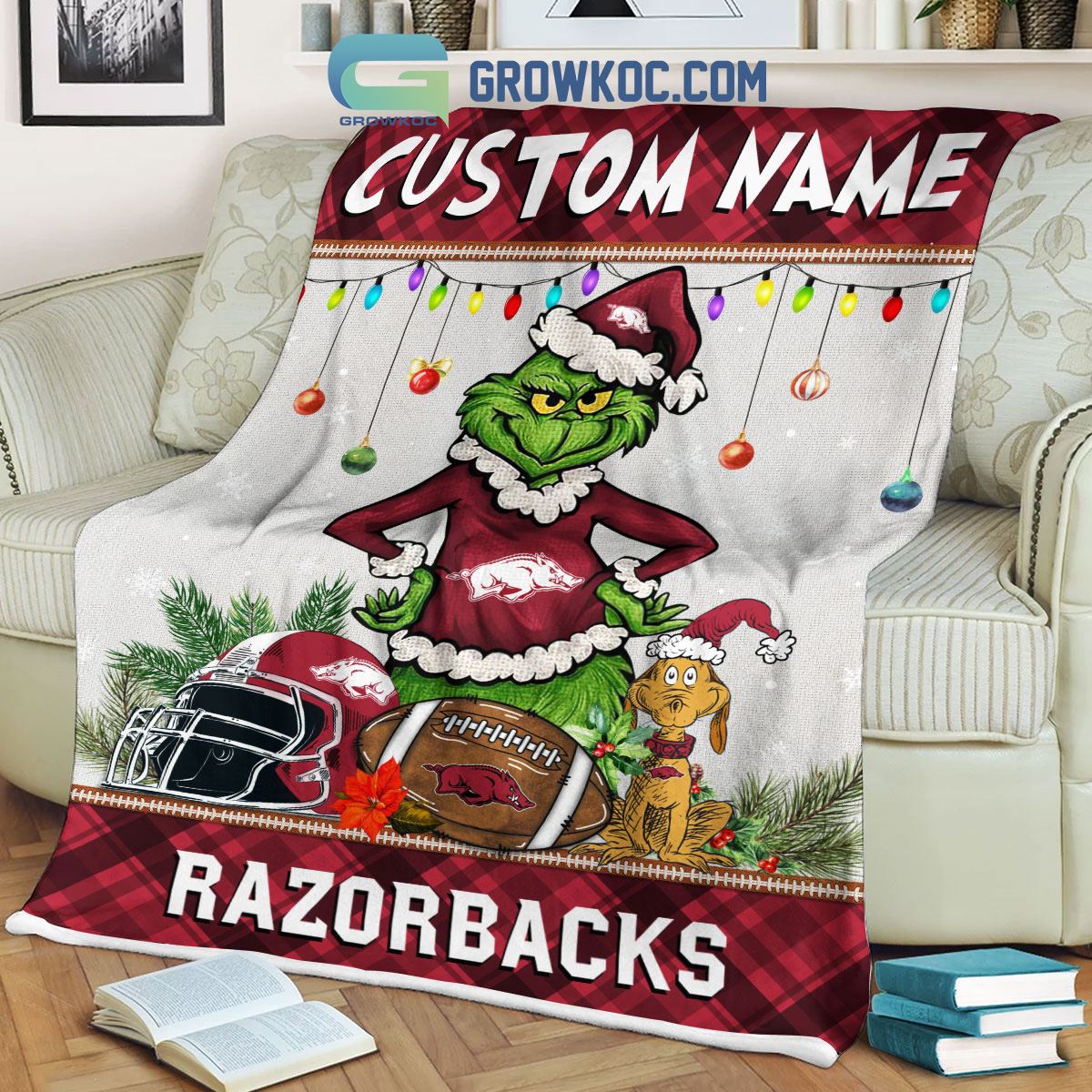 NCAA Arkansas Razorbacks Custom Name Grinch Christmas Fleece Blanket - Image 3