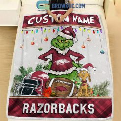 NCAA Arkansas Razorbacks Custom Name Grinch Christmas Fleece Blanket - Image 4