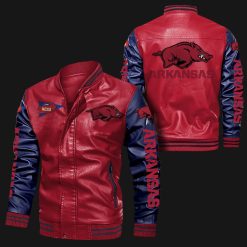 NCAA Arkansas Razorbacks Red Navy Leather Bomber Jacket