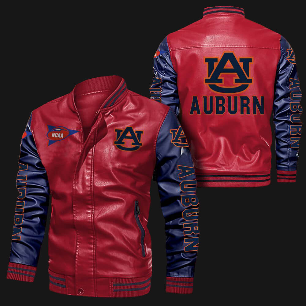 NCAA Auburn Tigers Red Navy Leather Bomber Jacket