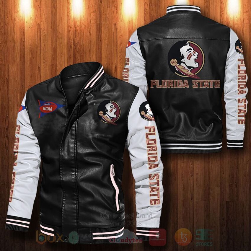 NCAA Florida State Seminoles Black White Leather Bomber Jacket