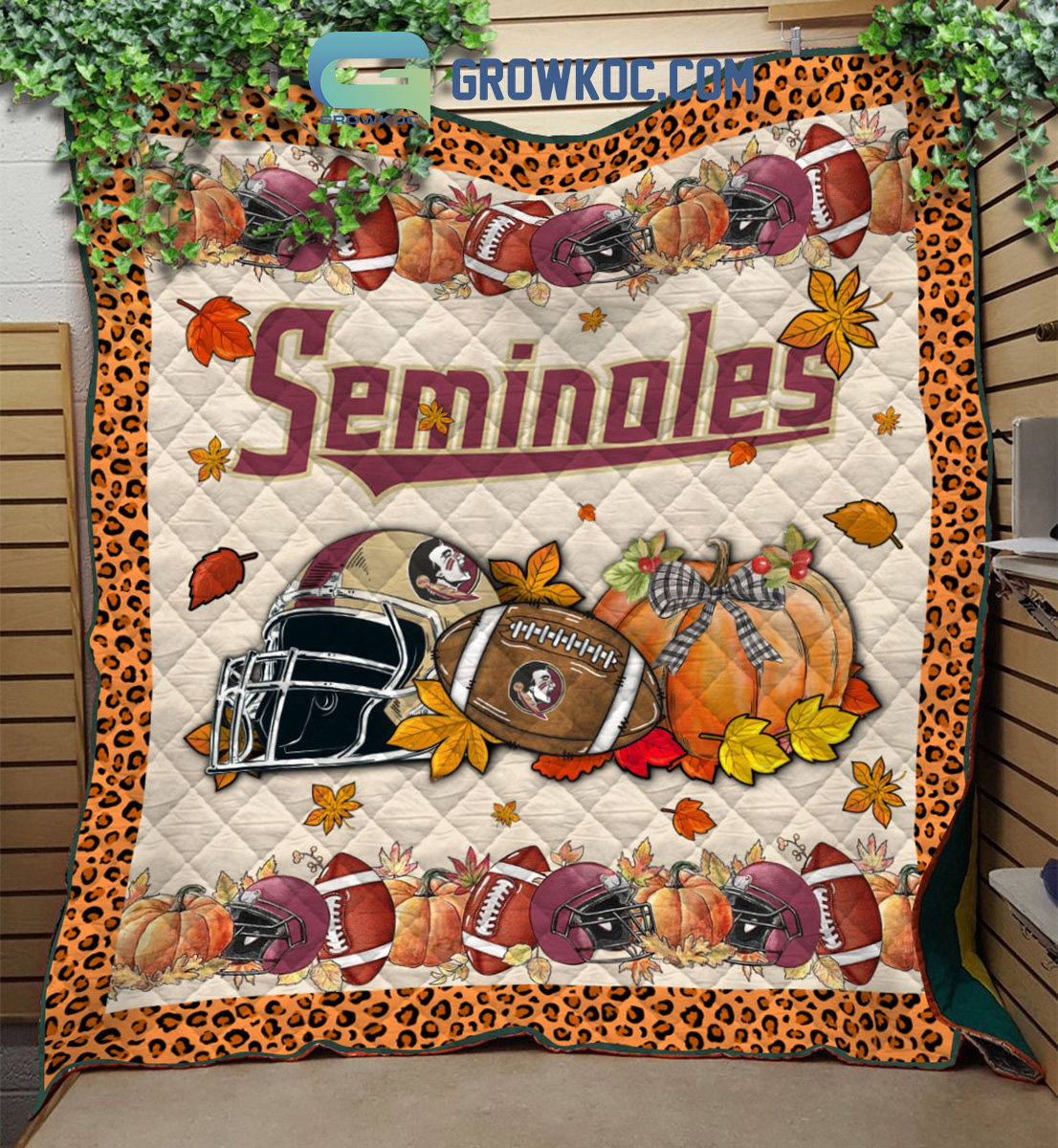NCAA Florida State Seminoles Welcome Fall Pumpkin Quilt Blanket - Image 3