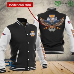 NCAA Illinois Fighting Illini Custom Name Black White Eagle Baseball Jacket
