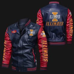 NCAA Illinois Fighting Illini Navy Red Leather Bomber Jacket