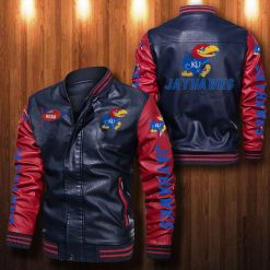 NCAA Kansas Jayhawks Navy Red Leather Bomber Jacket