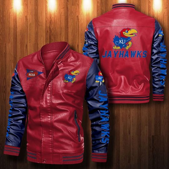 NCAA Kansas Jayhawks Red Navy Leather Bomber Jacket