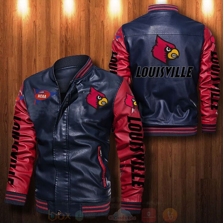 NCAA Louisville Cardinals Navy Red Leather Bomber Jacket