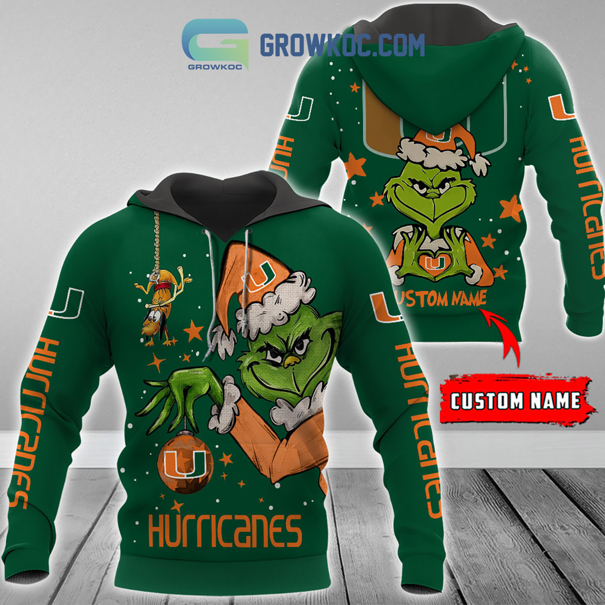NCAA Miami Hurricanes Custom Name Grinch Christmas Pullover Hoodie