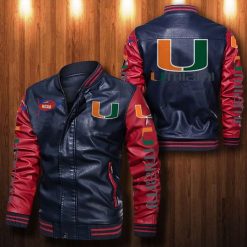 NCAA Miami Hurricanes Navy Red Leather Bomber Jacket