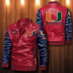 NCAA Miami Hurricanes Red Navy Leather Bomber Jacket