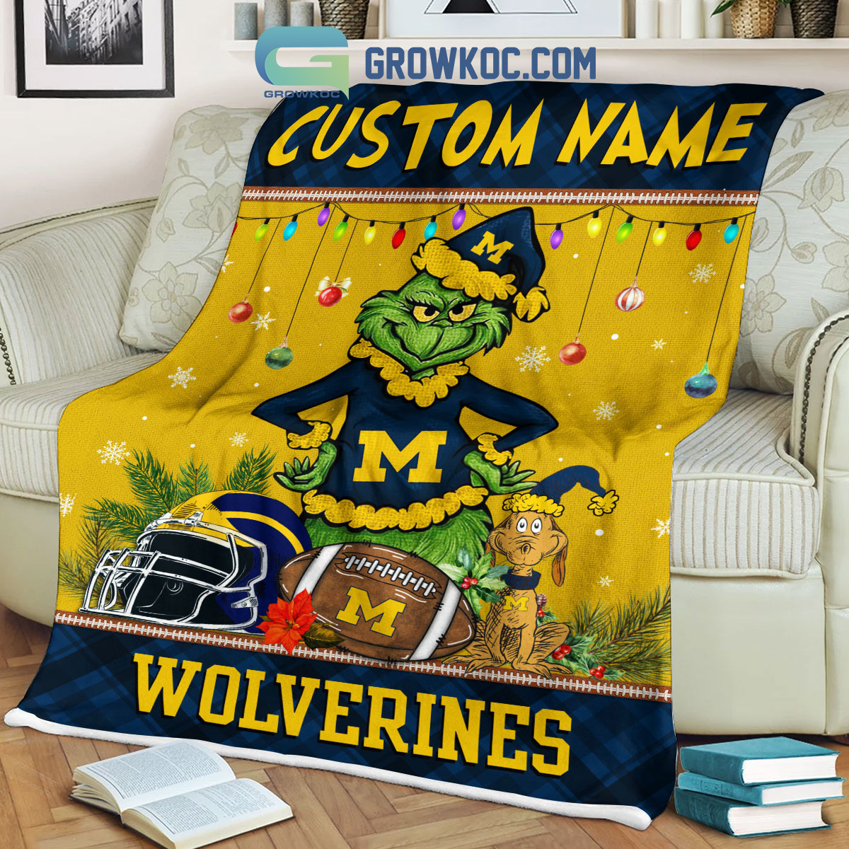 NCAA Michigan Wolverines Custom Name Grinch Christmas Fleece Blanket - Image 3