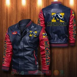 NCAA Michigan Wolverines Navy Red Leather Bomber Jacket