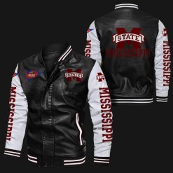 NCAA Mississippi State Bulldogs Black White Leather Bomber Jacket