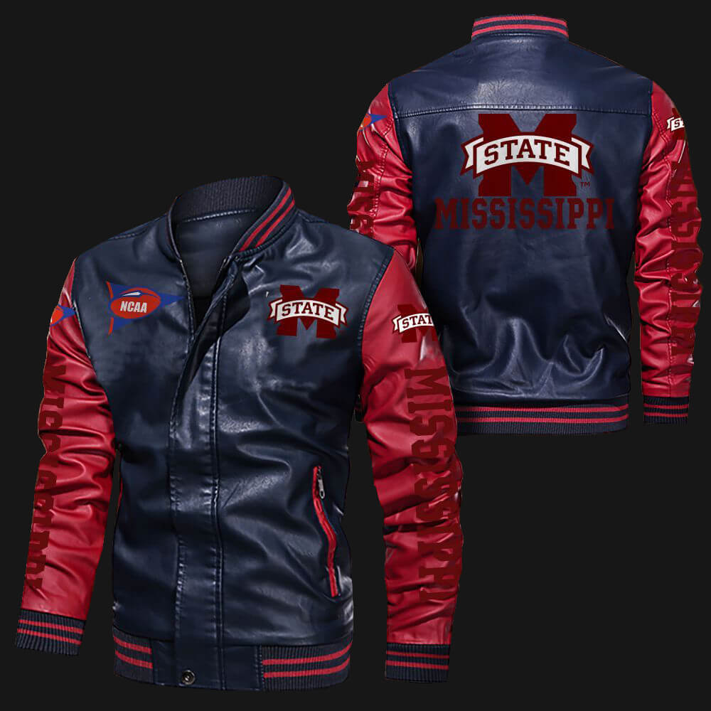 NCAA Mississippi State Bulldogs Navy Red Leather Bomber Jacket