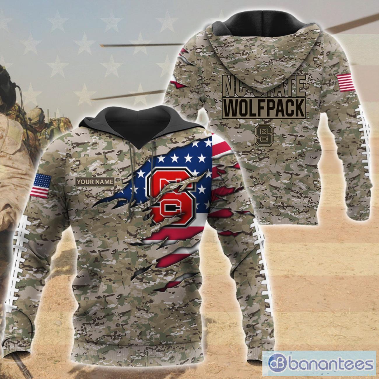 NCAA NC State Wolfpack Custom Name Flag And Camo Pattern Pullover Hoodie