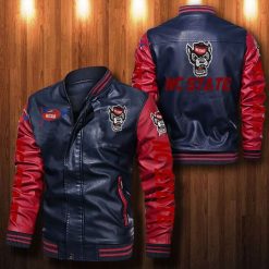 NCAA NC State Wolfpack Navy Red Leather Bomber Jacket