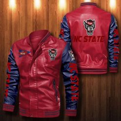 NCAA NC State Wolfpack Red Navy Leather Bomber Jacket