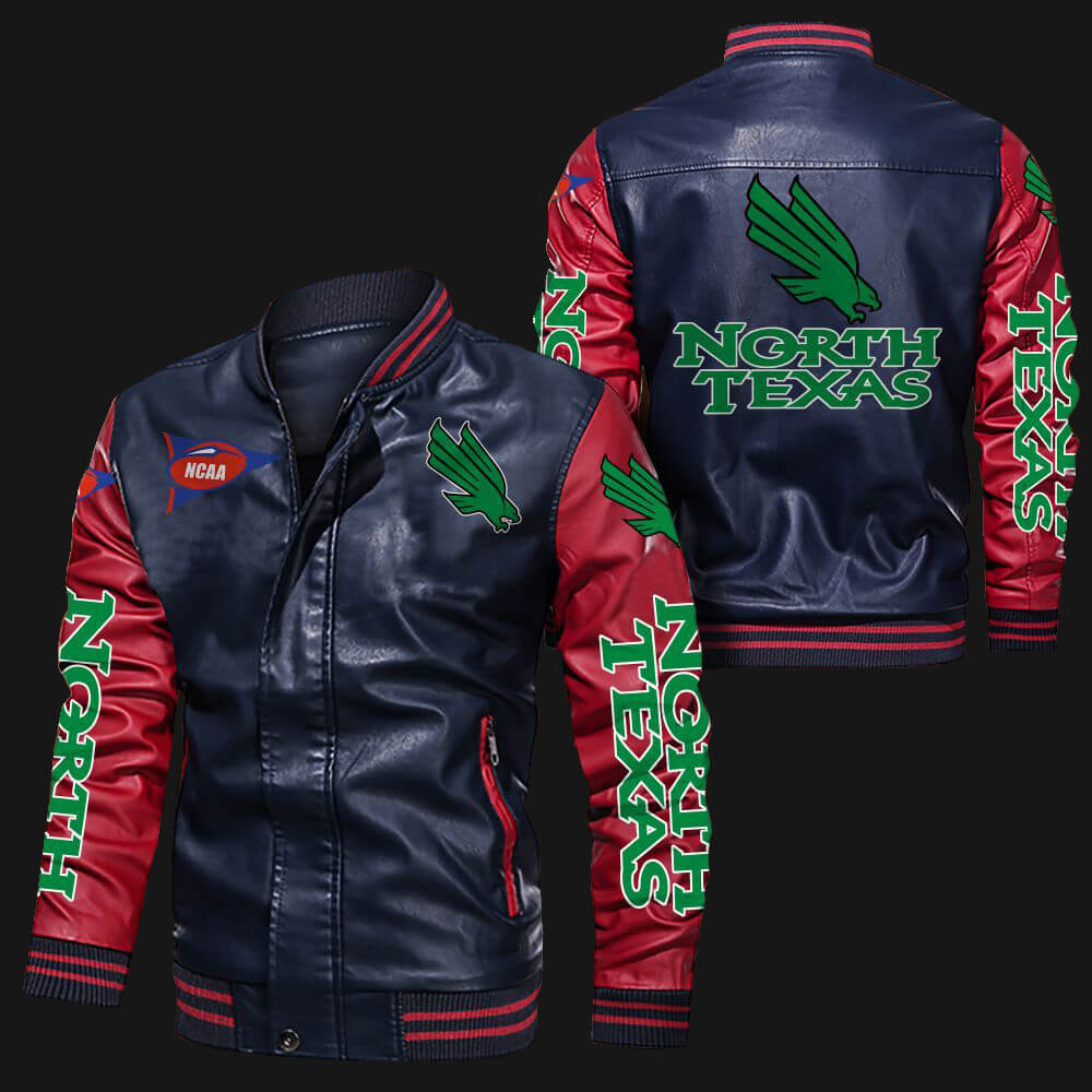 NCAA North Texas Mean Green Navy Red Leather Bomber Jacket
