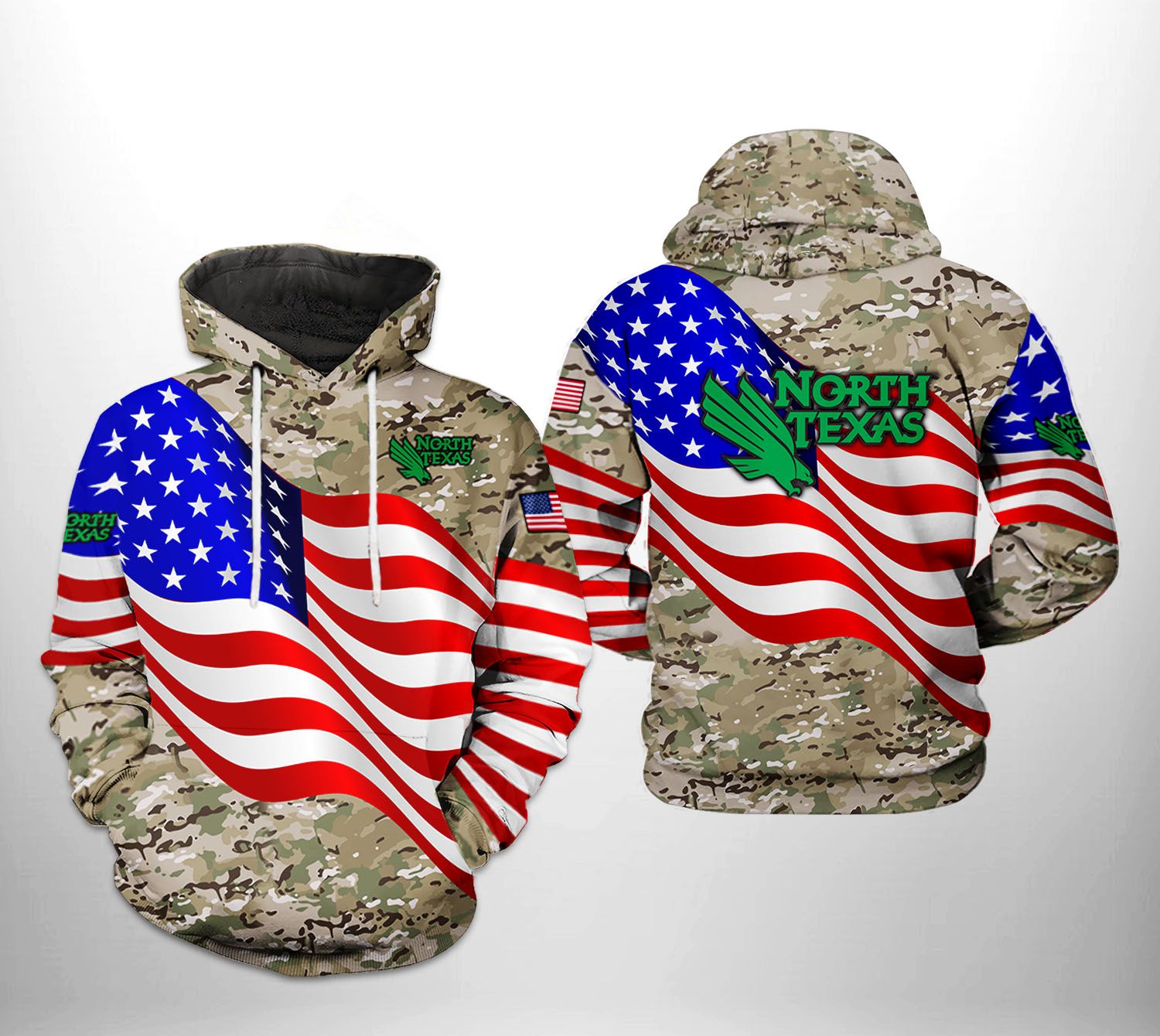 NCAA North Texas Mean Green US Flag Camo Veteran Pullover Hoodie