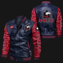 NCAA Northern Illinois Huskies Navy Red Leather Bomber Jacket