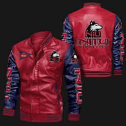 NCAA Northern Illinois Huskies Red Navy Leather Bomber Jacket