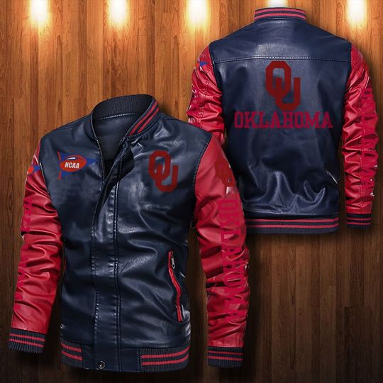 NCAA Oklahoma Sooners Navy Red Leather Bomber Jacket