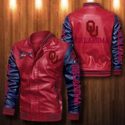 NCAA Oklahoma Sooners Red Navy Leather Bomber Jacket