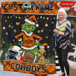 Alternative view of NCAA Oklahoma State Cowboys Custom Name Grinch Christmas Fleece Blanket