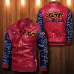 NCAA Oklahoma State Cowboys Red Navy Leather Bomber Jacket