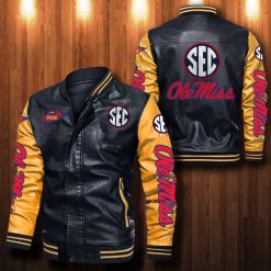 NCAA Ole Miss Rebels Black Yellow Leather Bomber Jacket