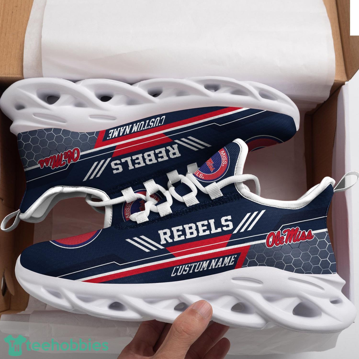 NCAA Ole Miss Rebels Custom Name Logo In Navy Blue Max Soul Shoes